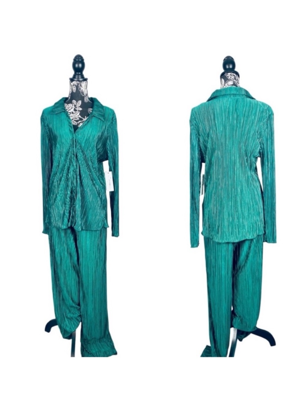 NWT Madison + Hudson green button down top matching silky pant set size large
